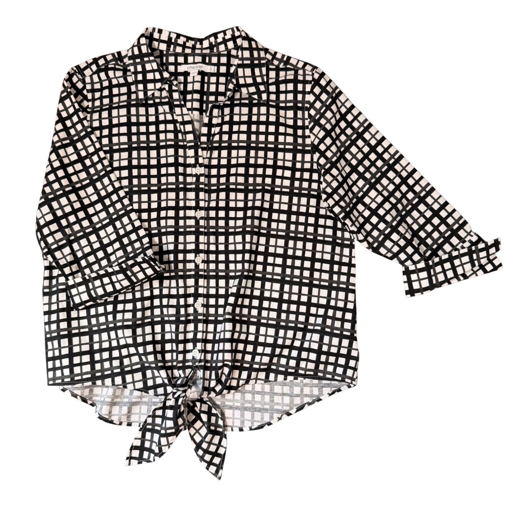 Chicos Stretch Tie Front Button Up Blouse (2/LG/12) Plaid Chic Cute Collared